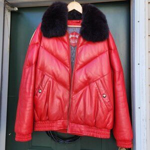 Men's Red Original Goose Down Leather Puffer Jacket - Removable Fox Fur Collar